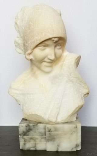 Antique Alabaster Bust Sculpture French Art Deco Hand Carved Marble