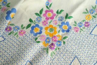 Vintage Part Raised Hand Embroidered Linen Tablecloth,  Mixed Flowers & Trellis