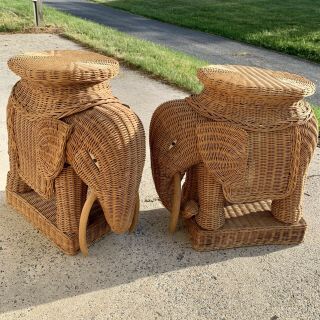 Vintage Natural Wicker Elephant Side Table Set Of 2 Plant Stand Woven Rattan