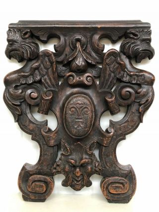 Antique Winged Griffin/ Gargoyle/ Lion Pediment Carving In Wood