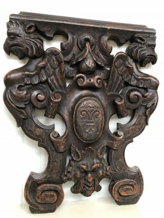 Antique Winged Griffin/ Gargoyle/ Lion Pediment Carving in wood 2
