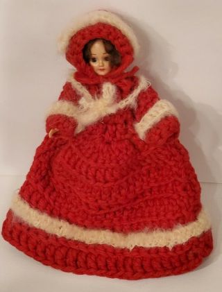 Vintage Plastic Doll 8 " Toilet Paper Cover Sleepy Eye/red Crochet Dress