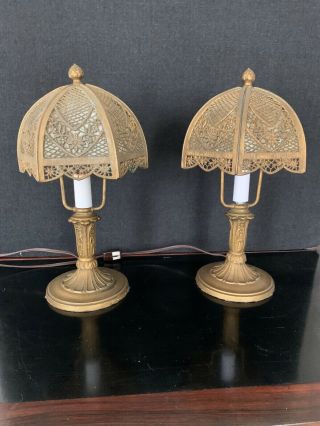 Sweet Antique Curved Slag Glass Filigree Boudoir Lamps Circa 1910