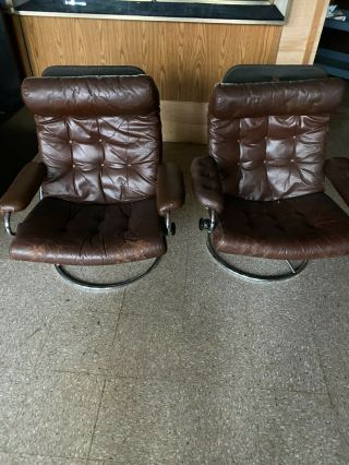 2 Vintage Ekornes Stressless Recliner Leather Chairs Chrome Mcm Norway