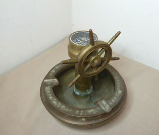 Antique Brass Ashtray With Compass & Rotating Steering Wheel