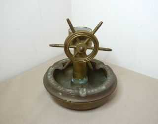 ANTIQUE BRASS ASHTRAY WITH COMPASS & ROTATING STEERING WHEEL 2