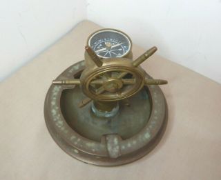 ANTIQUE BRASS ASHTRAY WITH COMPASS & ROTATING STEERING WHEEL 3
