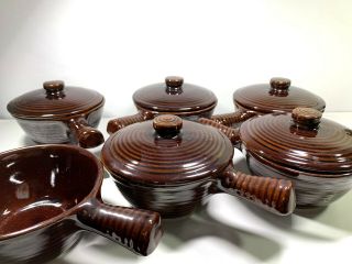 6 Vintage Usa Marked Pottery Brown Handled Chili Or Soup Bowls With 5 Lids