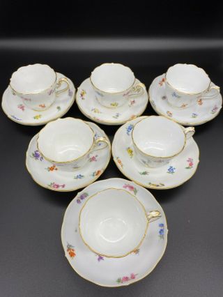 Set Of 6 Antique Meissen Porcelain Floral Coffee Cups And Saucers.