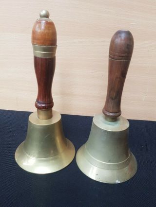 2 X Old Vintage Brass Hand Bell School Servants Retro Antique