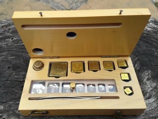 Vintage Brass Weights In Wooden Box