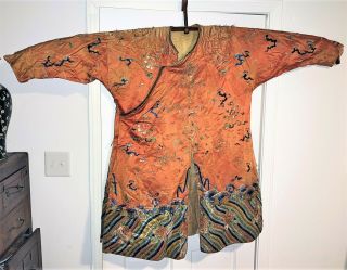 Exceptional Antique Chinese Brown Silk Dragon Robe Textile With Great Detail