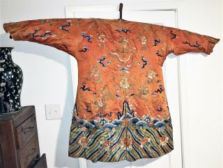 Exceptional Antique Chinese Brown Silk Dragon Robe Textile with Great Detail 2