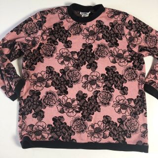 Vintage 80s Pullover Sweater Womens Size Medium Pink Black Floral Cute Romantic