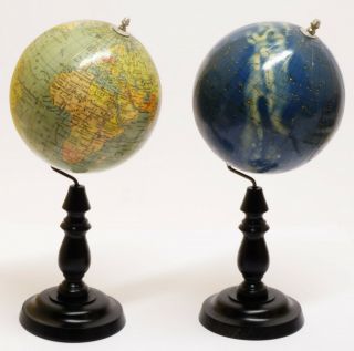 1930 - Columbus Terrestrial Globe And Celestial Globe Miniature 12cm.