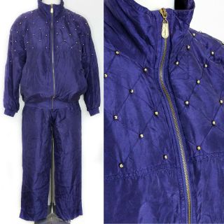 Vintage 80s Fuda 2 - Pc 100 Silk Bomber Jacket & Drawstring Pants Purple Women Ps