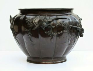 Impressive Japanese Meiji Period Bronze Jardiniere Bowl Decorated With Birds