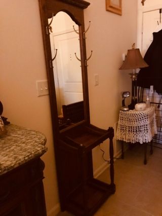 Antique Wooden Hall Tree With Mirror - Foyer Stand W Display Shelves & Brass Hooks