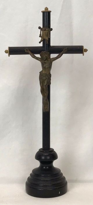 Antique Black Ebony Wood & Metal Standing Cross Crucifix Metal Jesus Inri