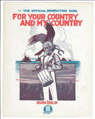1917 Wwi Antique Sheet Music For Your Country And My Country Irving Berlin