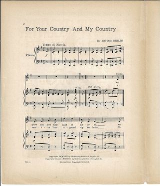 1917 WWI Antique Sheet Music FOR YOUR COUNTRY AND MY COUNTRY Irving Berlin 2