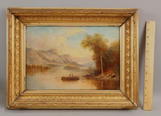 19thc Antique Hudson River Landscape Oil Painting,  Colonial River Ferry Boat Nr