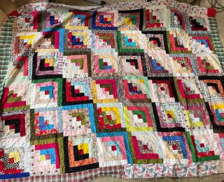 Vintage Cotton Hand Stitched Quilt Top Full Twin Metallic Shabby Lake House Chic