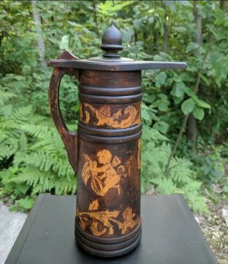 Antique Ca.  1900 Wooden Pyrography Monk/cupid Tankard/stein W/ Acorn Finial 12 "