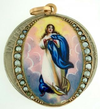 Antique 14kt Solid Gold Hand Painted Enamel Virgin Mary Religious Pendant C.  1880