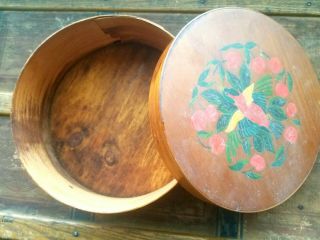 Vintage Antique Primitive Shaker Floral Hand Painted Round Wood Pantry Box 8.  5 "