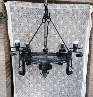 Antique French Large Chandelier 4 Lights Chandelier Wrought Iron Gothic 1920s