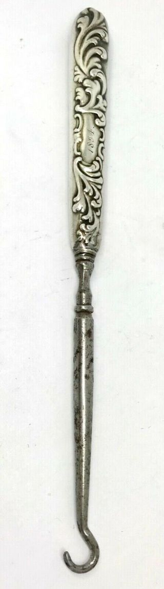 1894 Sterling Silver Handled Button Hook W/ Monogram - 6 1/8 "