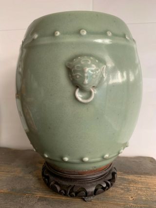 Antique Chinese Green - glazed China Porcelain Ceramic Vase Jar With Wooden Stand 4