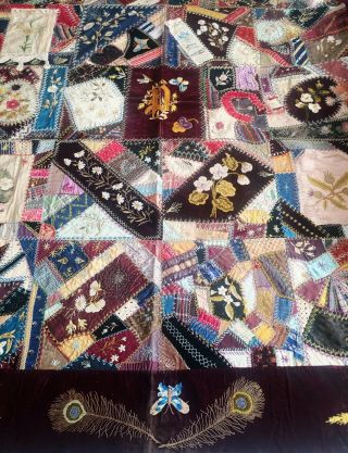 Spectacular Antique Victorian Silk Embroidered Crazy Quilt Top Beaded Georgia