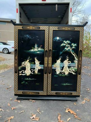 Antique Oriental Black Lacquer Bar With Mother Of Pearl