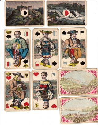 Antique Swiss Muller Hand Col Playing Cards Swiss Courts & Scenic Aces C1885