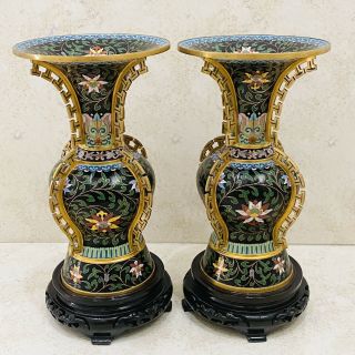 Antique Jingfa Chinese Cloisonné Enamel 10.  5” Gu Vase With Wood Base