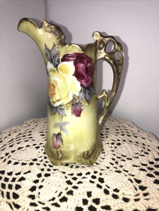 Antique Hand Painted Nippon Porcelain Vase Ewer Red,  Yellow & Pink Roses