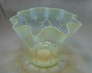 Antique Victorian Art Nouveau Opaline Brocade Vaseline Glass Duplex Lamp Shade 5