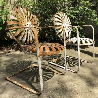 2 Vtg Antique 1930s Francois Carre Metal Patio Garden Chairs Starburst Pinwheel