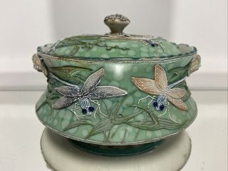 Antique Nippon Moriage Covered Bowl Dragonfly Relief Nature