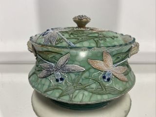 Antique Nippon Moriage Covered Bowl Dragonfly Relief Nature 4
