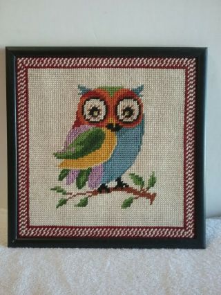 Vintage Owl Professionally Framed Needle Point Picture Multi Color 10.  5 X 10.  5