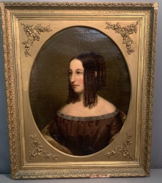 Ca.  1840 Antique 19thc Old Antebellum Era Lady W/ Ringlet Curls Portrait Painting