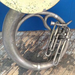 ANTIQUE CONN SOUSAPHONE 114372 PEATE ' S MUSIC HOUSE INC UTICA NY SILVER ON BRASS 3