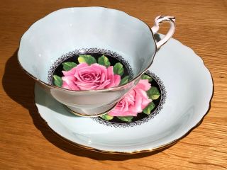Paragon Tea Cup & Saucer.  Green Large Red Cabbage Rose.  England Fine Bone China
