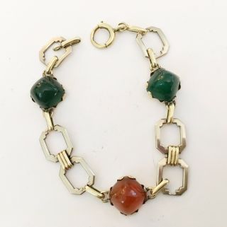 Antique Art Deco 14k Link Bracelet With Chrysoprase & Carnelian