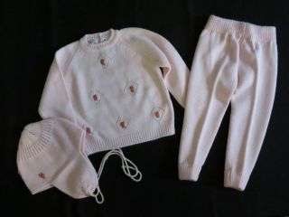 Vintage 1960s Marshall Field Knit Baby Girl Soft Pink 3 Pc Set Sweater Hat Pants