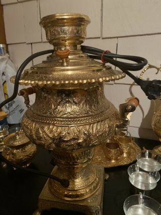 Vintage Electric Antique Persian Gold Plated Samovar Tea Set Serving Size 8