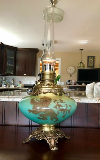 Antique Gwtw Oil Lamp Rampant Lion Hurricane Kerosene Lamp Large